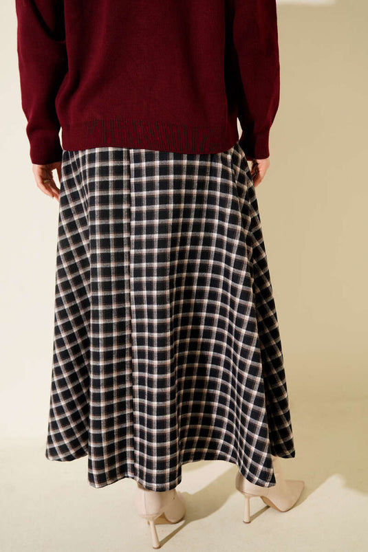 Yan İp Bağcıklı Ekoseli Etek Lacivert