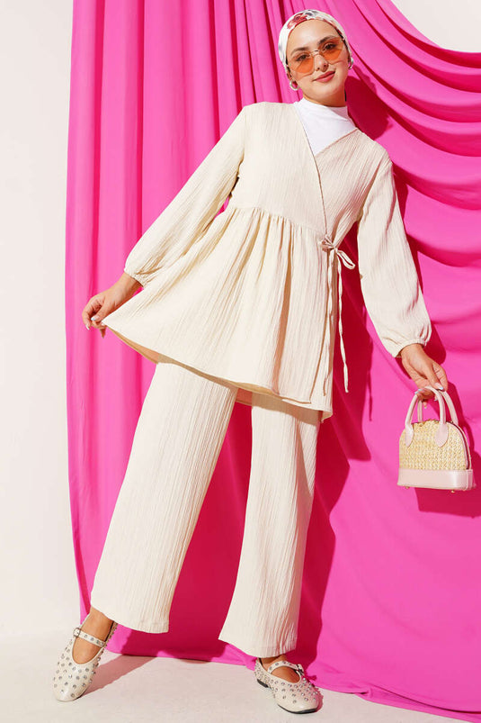 طقم بيج من قطعتين برباط جانبي ونقشة لحاء الشجر