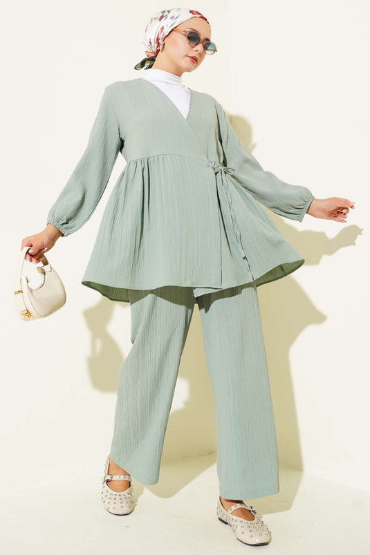 Side Rope Tie Tree Bark Two-Piece Set, Light Green