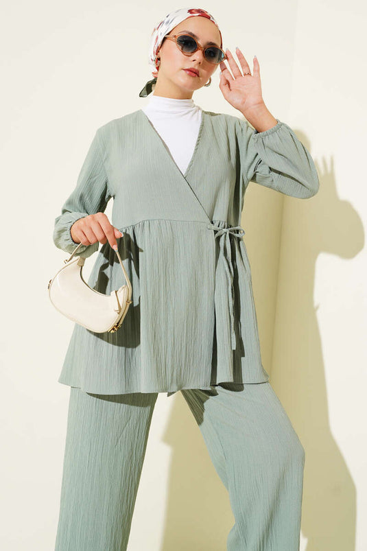 Side Rope Tie Tree Bark Two-Piece Set, Light Green