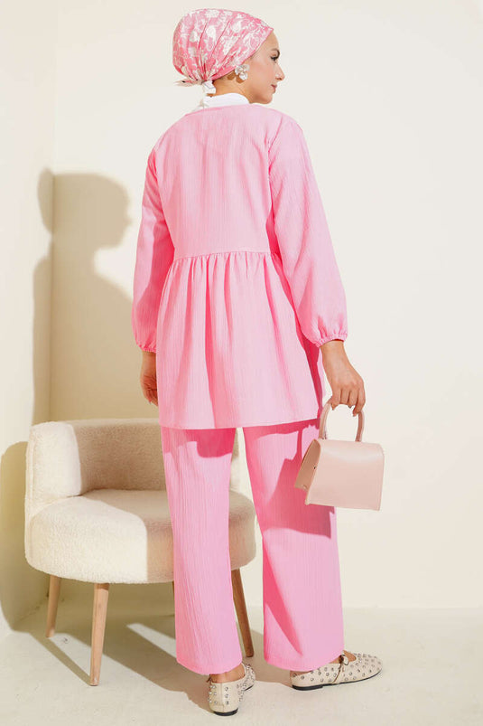 Pink Two-Piece Set with Side Rope Tie and Tree Bark Design