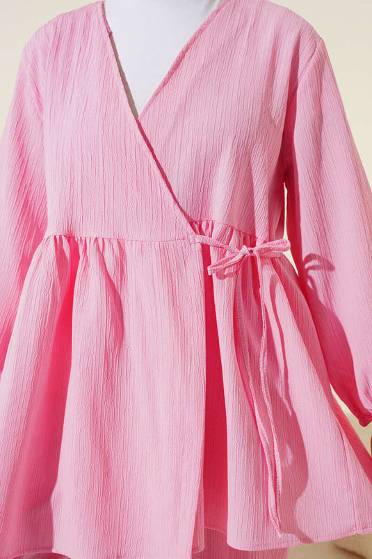 Pink Two-Piece Set with Side Rope Tie and Tree Bark Design