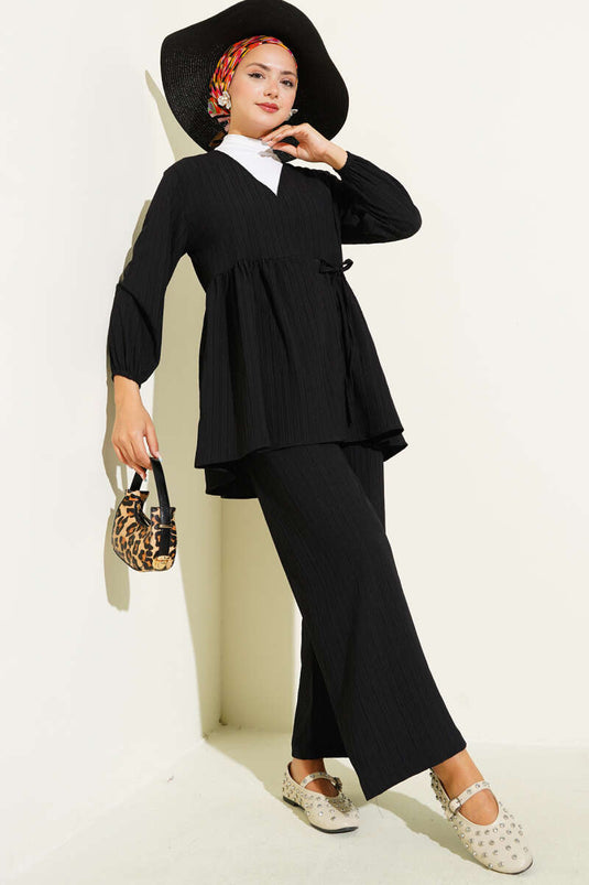 Side Rope Tie Tree Bark Two-Piece Set, Black