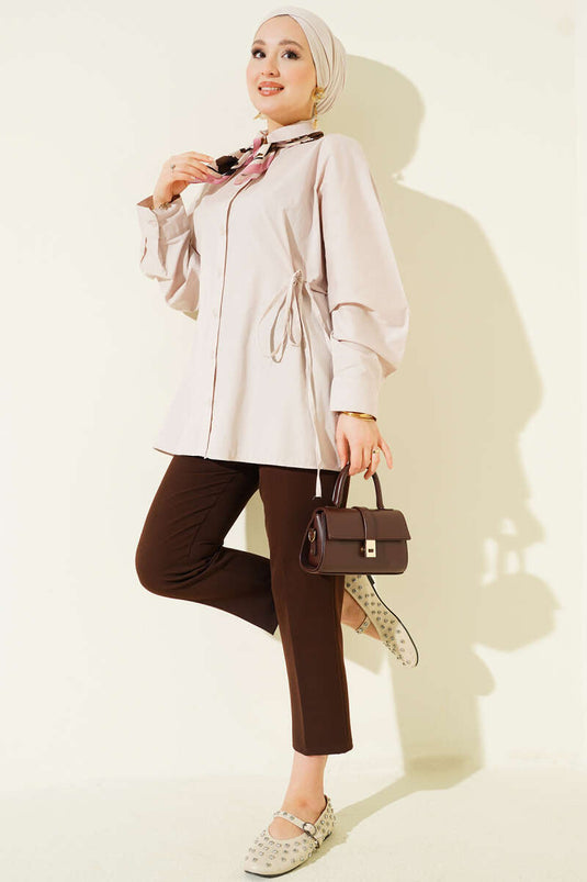 Yan İp Bağlamalı Basic Gömlek Bej