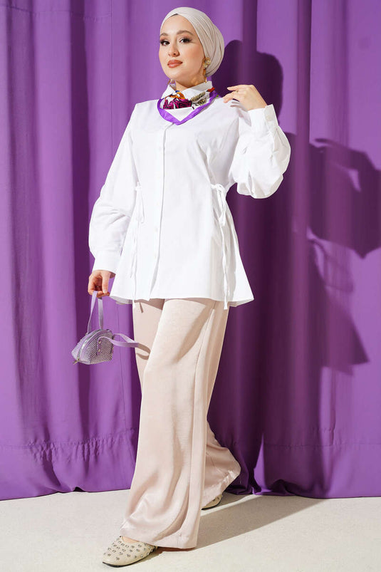 Yan İp Bağlamalı Basic Gömlek Beyaz