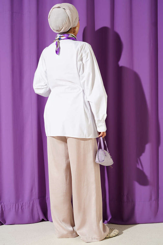 Yan İp Bağlamalı Basic Gömlek Beyaz