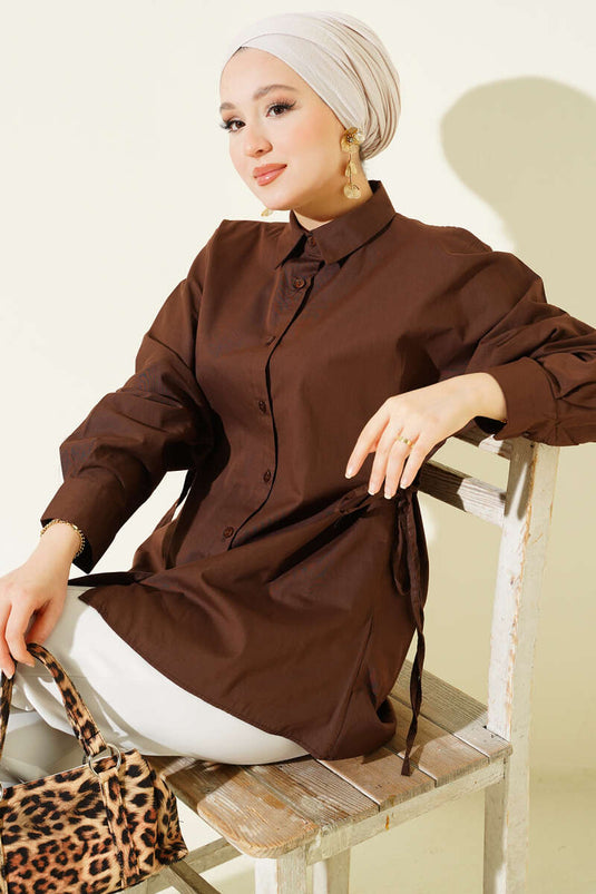 Yan İp Bağlamalı Basic Gömlek Kahve