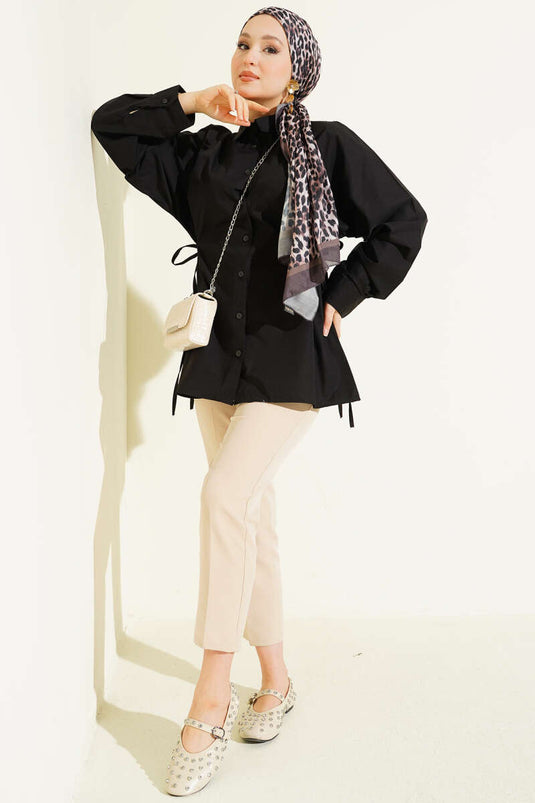 Yan İp Bağlamalı Basic Gömlek Siyah