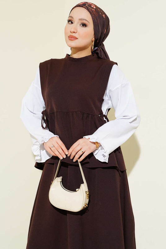 Ensemble chemise à cordon noué Yan avec garniture, couleur café