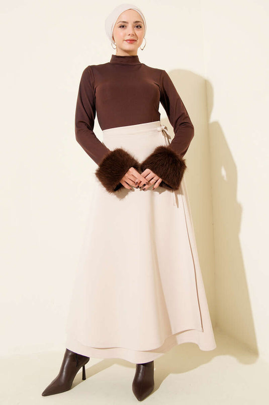 Beige Scuba Skirt with Side Tie