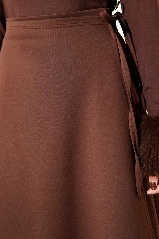 Side Tie Belted Scuba Skirt, Brown