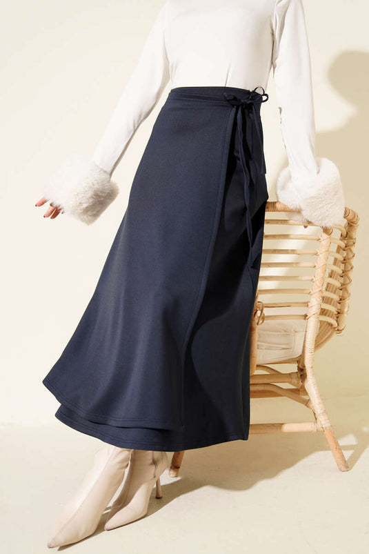 Navy Blue Scuba Skirt with Side Tie Belt
