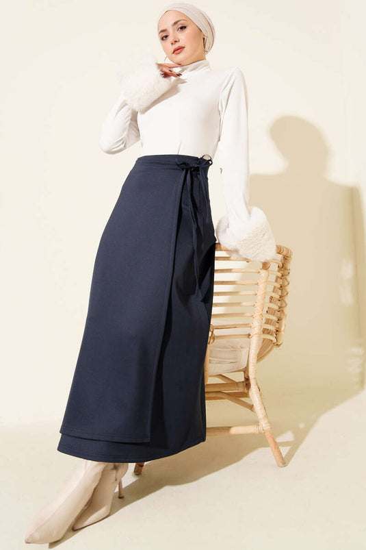Navy Blue Scuba Skirt with Side Tie Belt