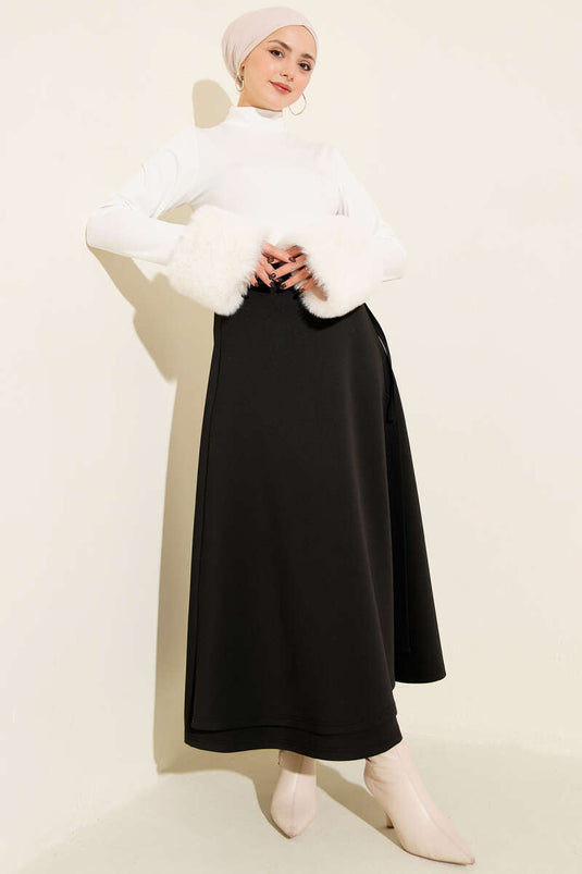 Side Tie Belted Scuba Skirt Black