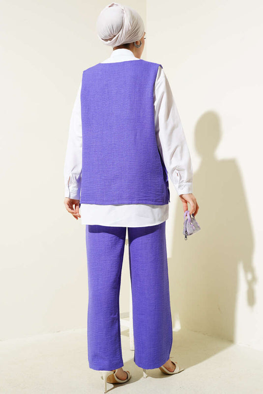 Yan İpli Yelekli Üçlü Takım Lila