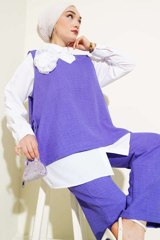 Yan İpli Yelekli Üçlü Takım Lila