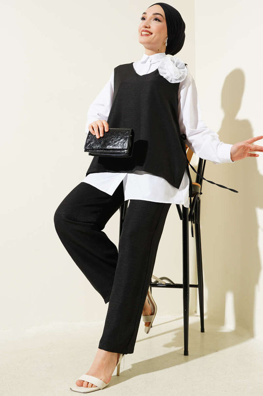 Costume trois pièces noir avec gilet à cordon de serrage latéral