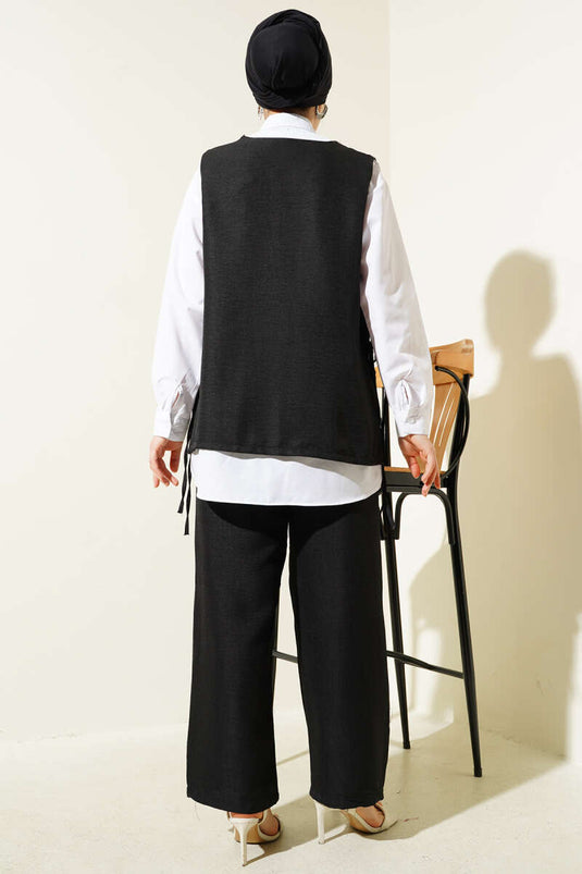 Yan İpli Yelekli Üçlü Takım Siyah