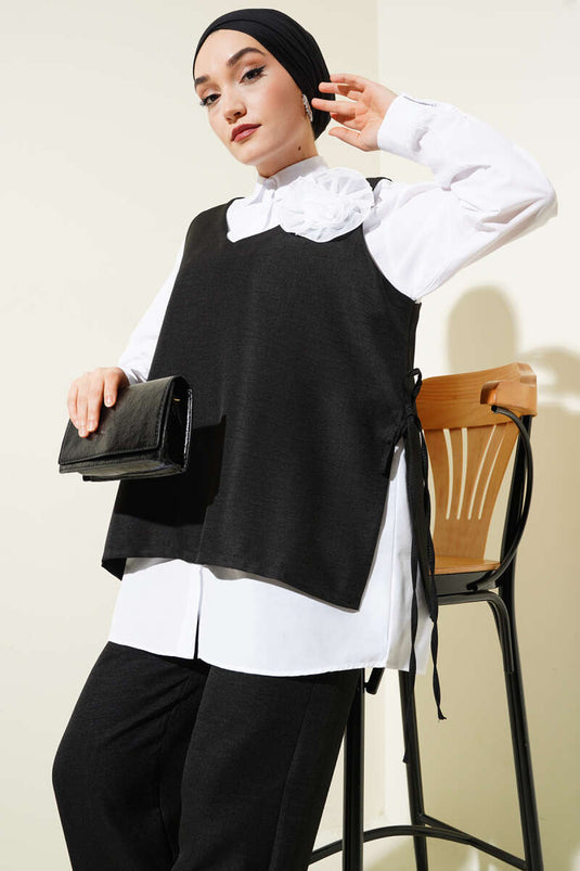 Yan İpli Yelekli Üçlü Takım Siyah