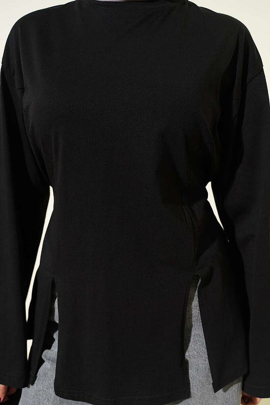 Tunique noire fendue en tissu filé Yan