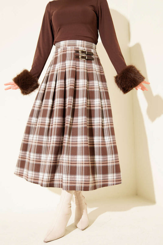 Side Belt Detail Plaid Skirt Coffee