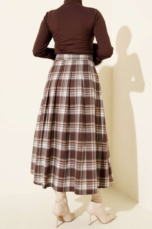 Side Belt Detail Plaid Skirt Coffee