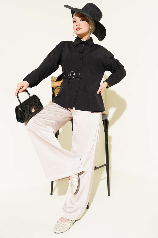 Yan Kemer Detaylı Gömlek Siyah