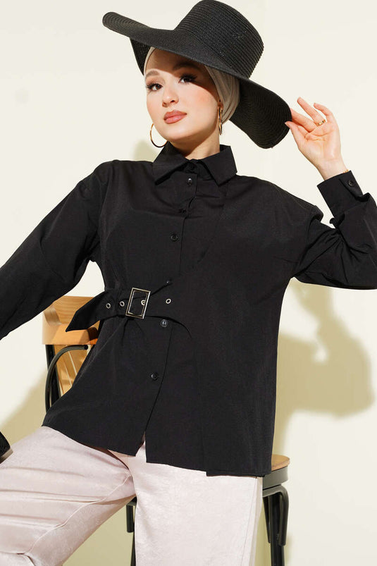 Yan Kemer Detaylı Gömlek Siyah