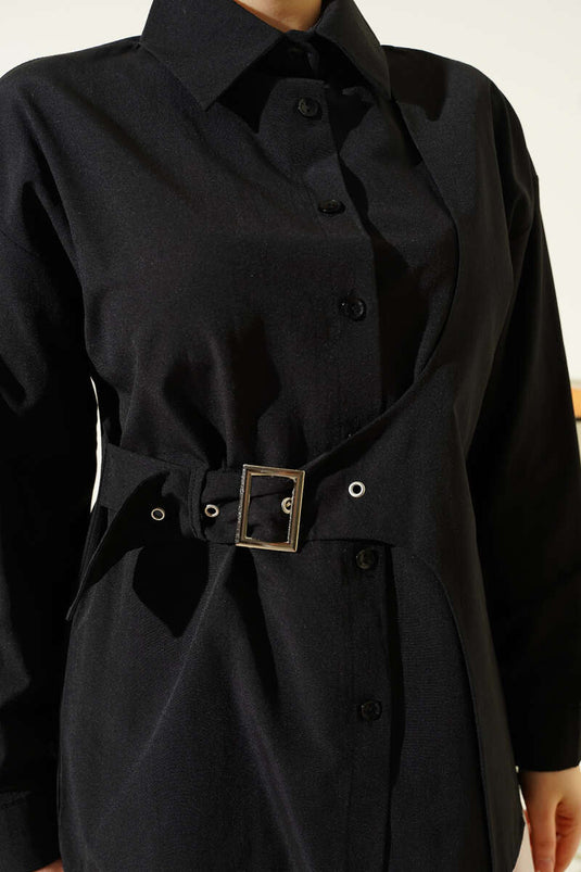 Yan Kemer Detaylı Gömlek Siyah