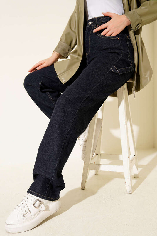 بنطلون جينز مووم ذو إبزيم حزام جانبي باللون الكحلي