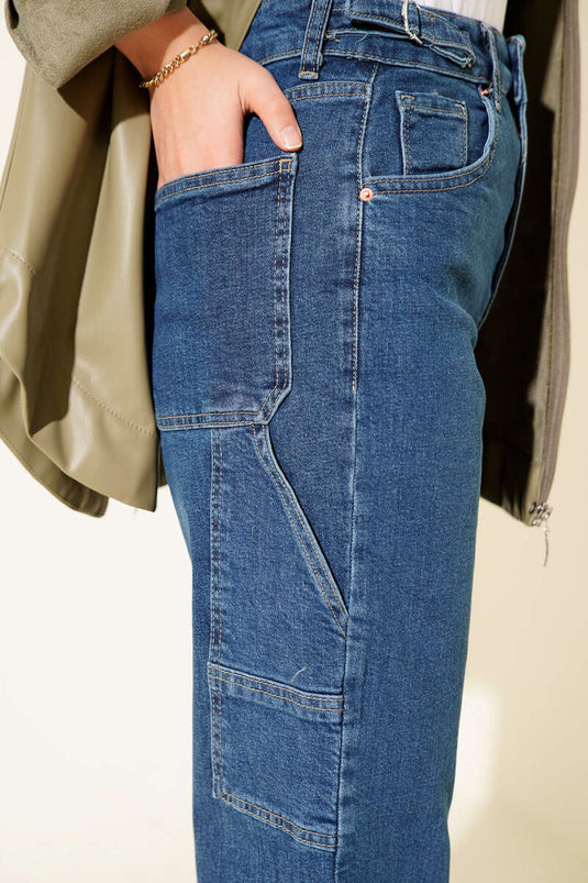 Jean Mom avec boucle de ceinture latérale bleu