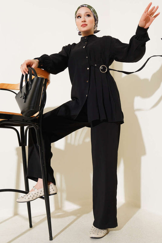 Side Belt Buttoned Two Piece Suit Black