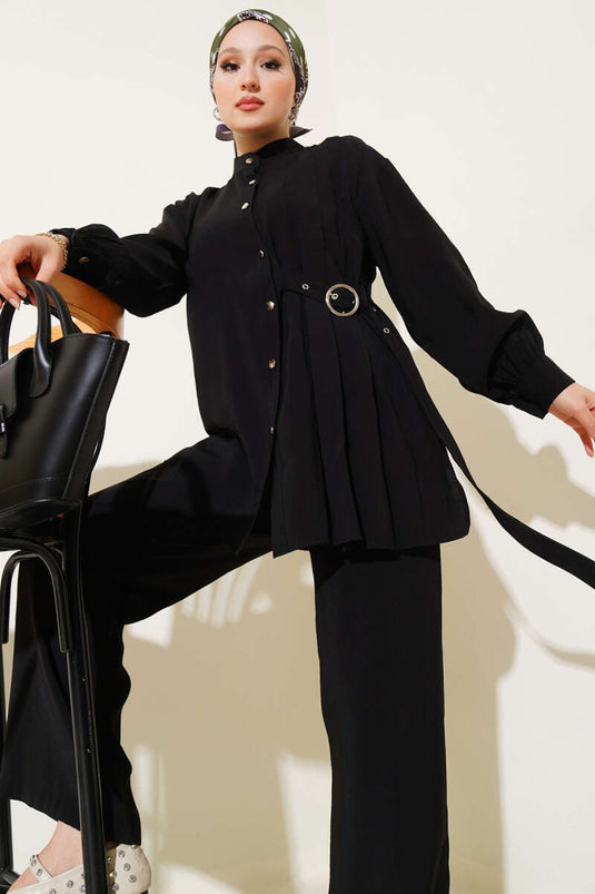 Side Belt Buttoned Two Piece Suit Black