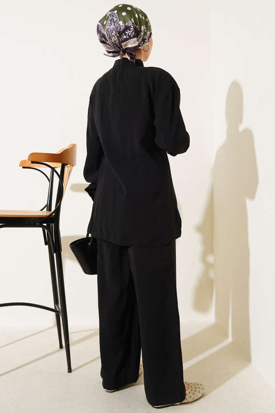 Side Belt Buttoned Two Piece Suit Black