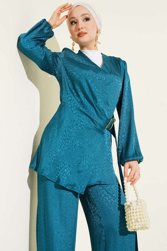Double Set with Buckle and Jacquard, Side Stripe, Petrol Green