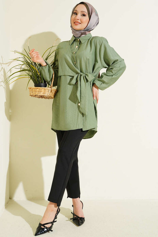 Chemise ample à nouer en tissu patchwork vert pistache