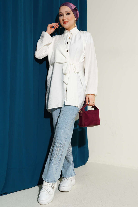 Chemise ample à nouer en tissu patchwork écru