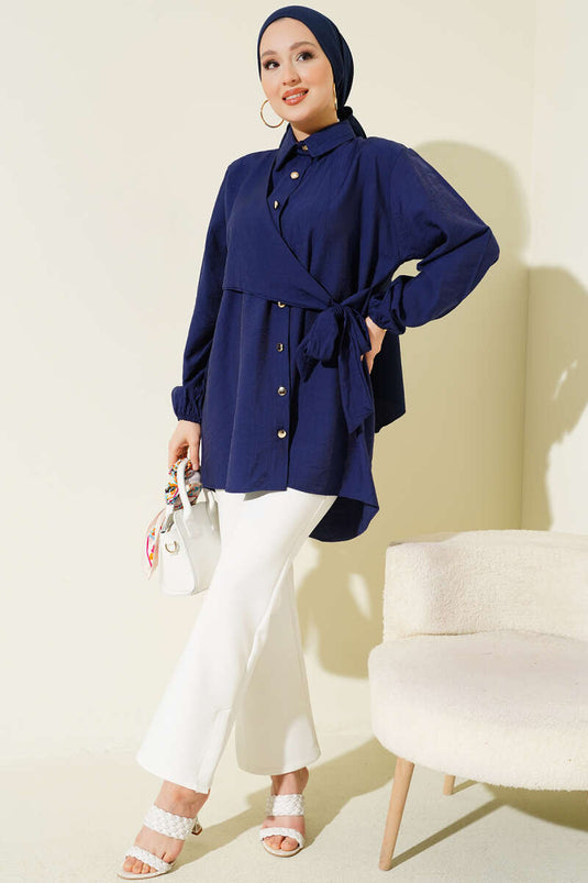 Chemise ample à pans noués bleu marine