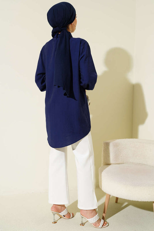 Chemise ample à pans noués bleu marine