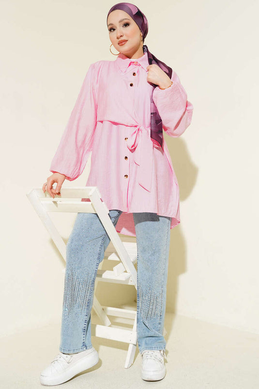 Chemise ample à manches longues avec lien latéral rose