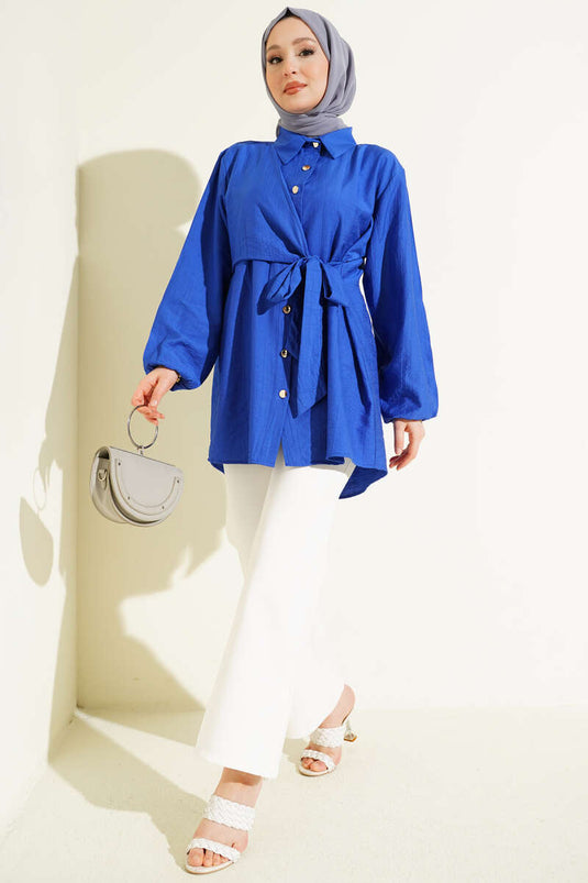 Chemise ample à manches longues avec lien latéral bleu saphir