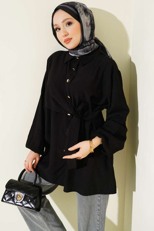 Chemise ample à manches longues avec lien latéral noir