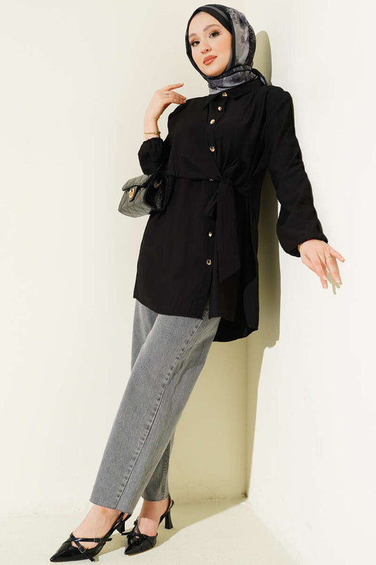 Chemise ample à manches longues avec lien latéral noir