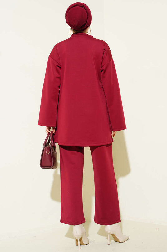 Side Piece Tied Scuba Two-Piece Set Burgundy