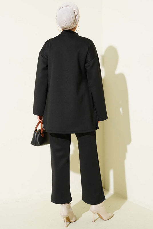 Side Piece Tied Scuba Two-Piece Set Black