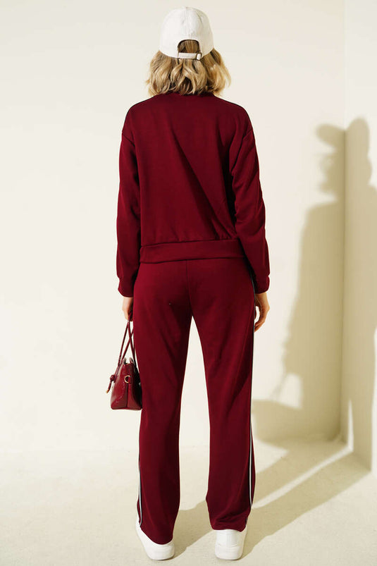 Two-Piece Set with Side Stripe and Zipper, Burgundy