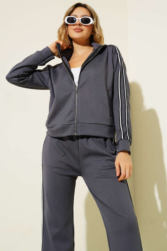 Two-Piece Set with Side Stripe and Zipper, Smoke Grey