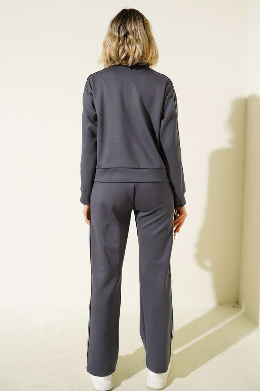 Two-Piece Set with Side Stripe and Zipper, Smoke Grey