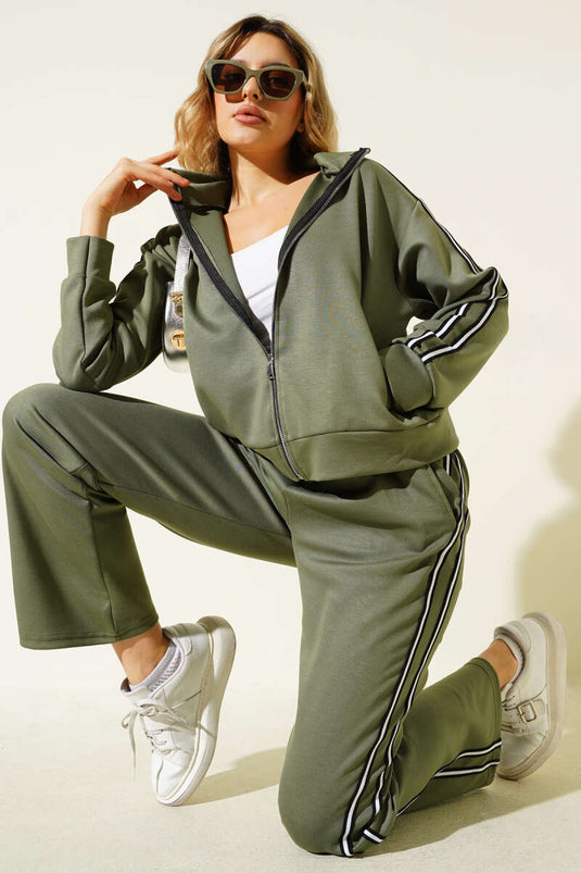 Yan Şeritli Fermuarlı İkili Takım Haki