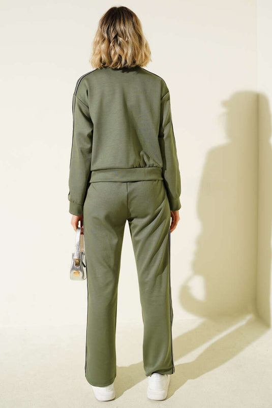 Two-Piece Set with Side Stripe and Zipper, Khaki